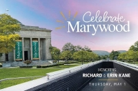 A painted canvas illustration of the Kane Overlook of the Learning Commons is pictured with the Marywood Liberal Arts Center in the background and the  sunset on the horizon in the  distance over the mountains and trees. The Celebrate Marywood logo is placed over the sky. Richard and Erin Kane to Be Honored at “Celebrate Marywood” Event