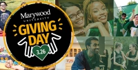 graphic with giving day logo and pictures of students behind it Marywood University Giving Day