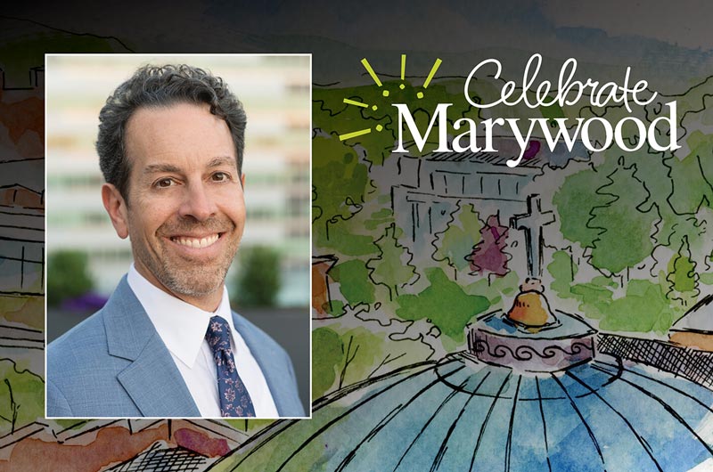 Man wearing a light blue coat, white shirt, and dark blue tie over an illustrated backdrop of the Marywood Rotunda and the Celebrate Marywood logo.