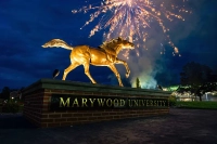 Brass statue of Pacer horse is illuminated at night with fireworks in the sky Middle States Reaffirms Marywood University’s Accreditation Recognizing Institutional Excellence, Innovation, and Institutional Transformation