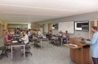 an architectural rendering of a physics science lab with students sitting at tables and a professor teaching from the podium Marywood University Receives $500,000 RACP Grant to Support Science Center Upgrades