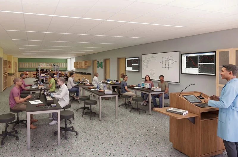 an architectural rendering of a physics science lab with students sitting at tables and a professor teaching from the podium Marywood University Receives $500,000 RACP Grant to Support Science Center Upgrades